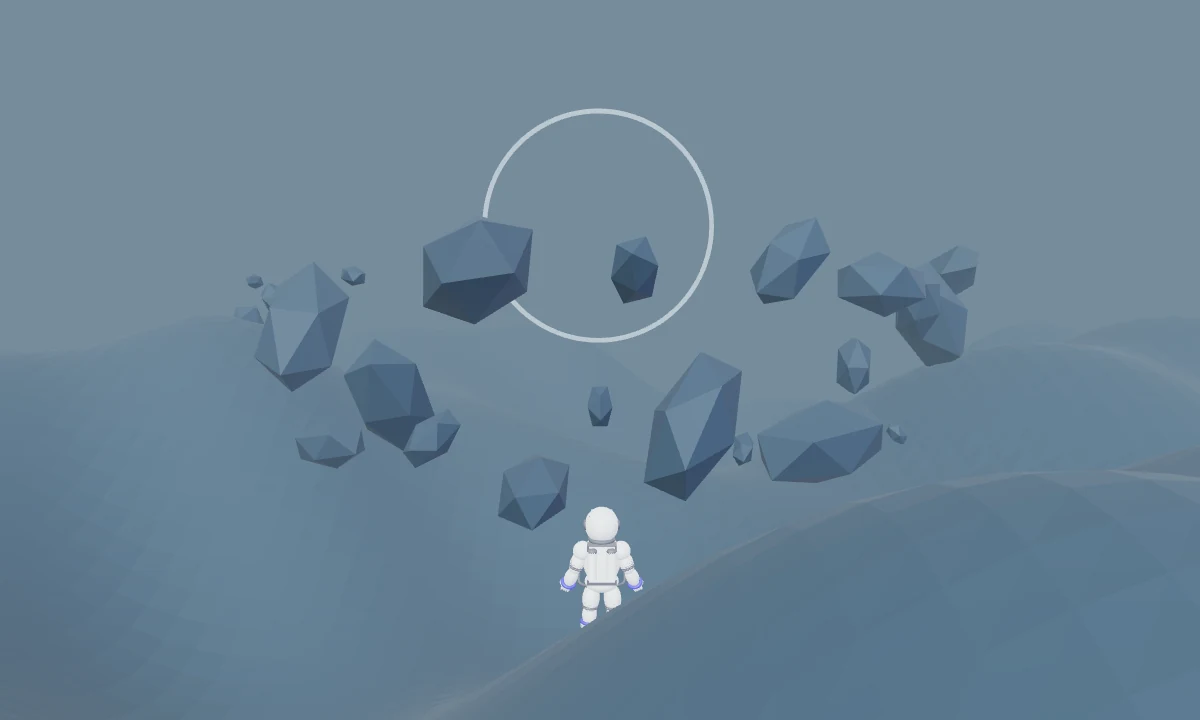 An explorer beneath a halo in a rocky, atmospheric landscape.