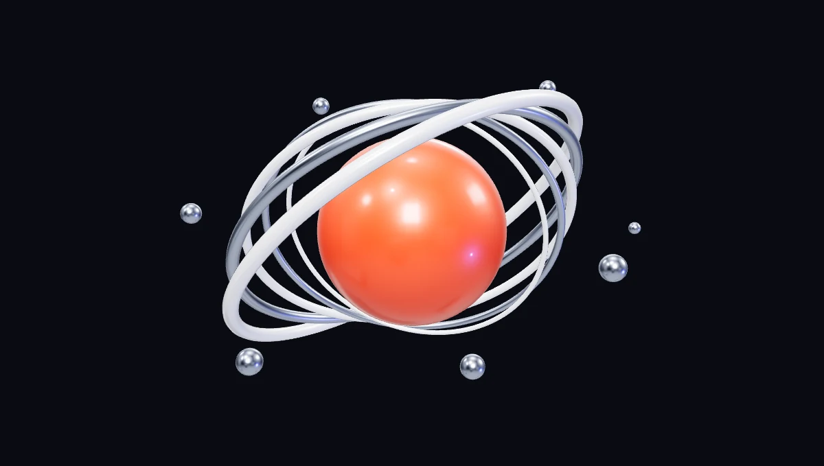 A warm orange sphere surrounded by silver orbital rings.
