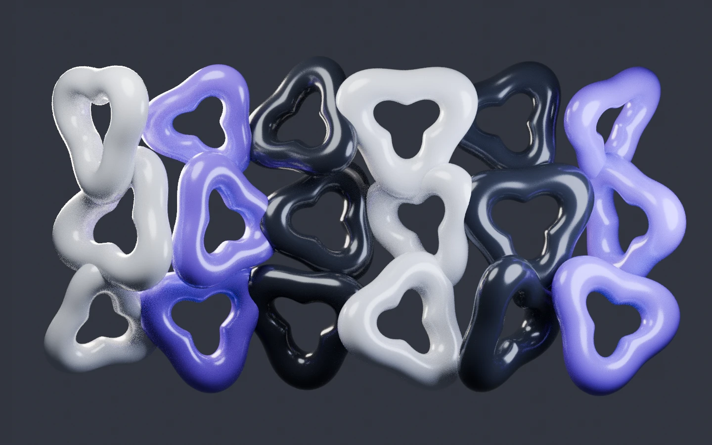 A cluster of sculptural three-lobed loops in porcelain, violet and graphite.