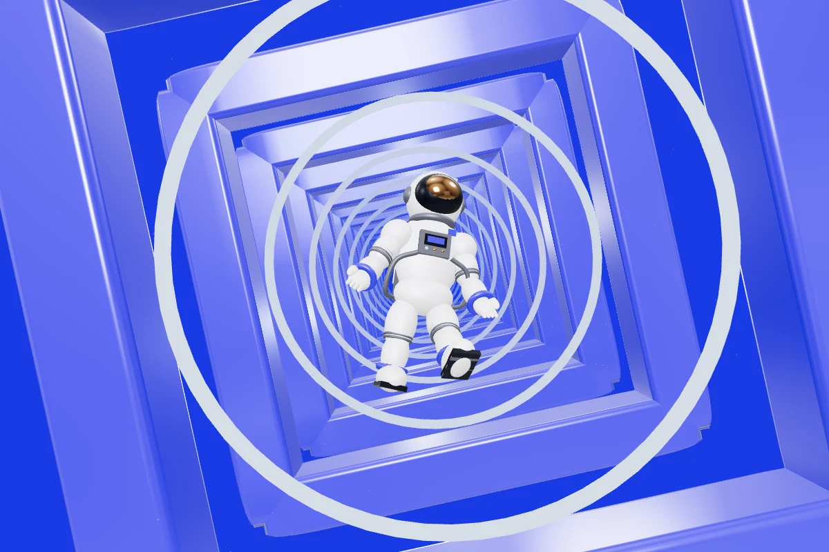 An explorer floating through a luminous blue tunnel.